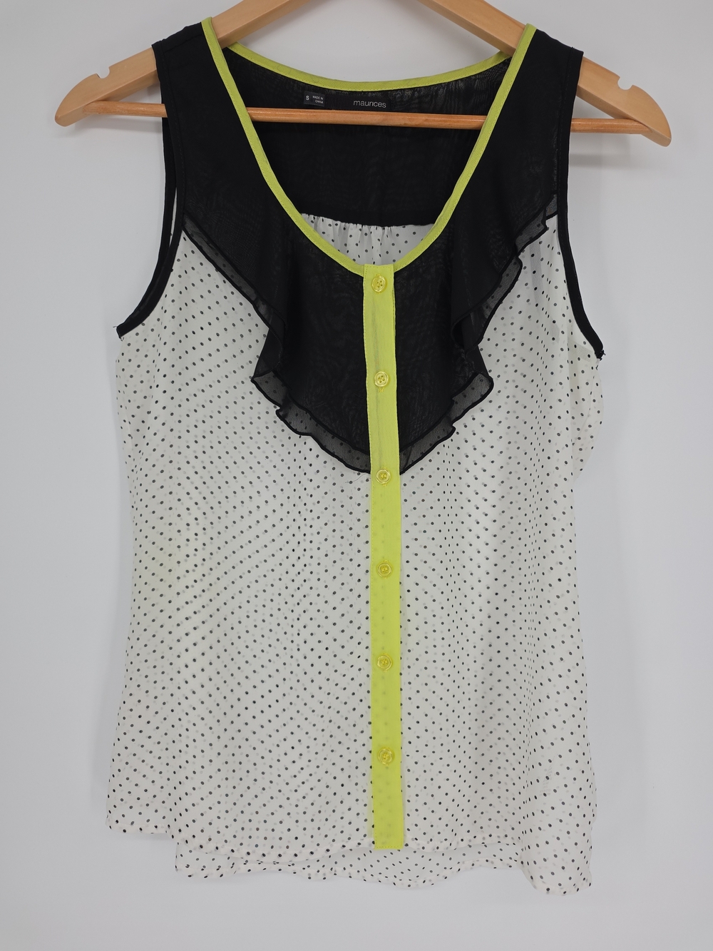 Y2K Style Black & White Polka Dot Sleeveless Top with Neon Yellow Trim Size S